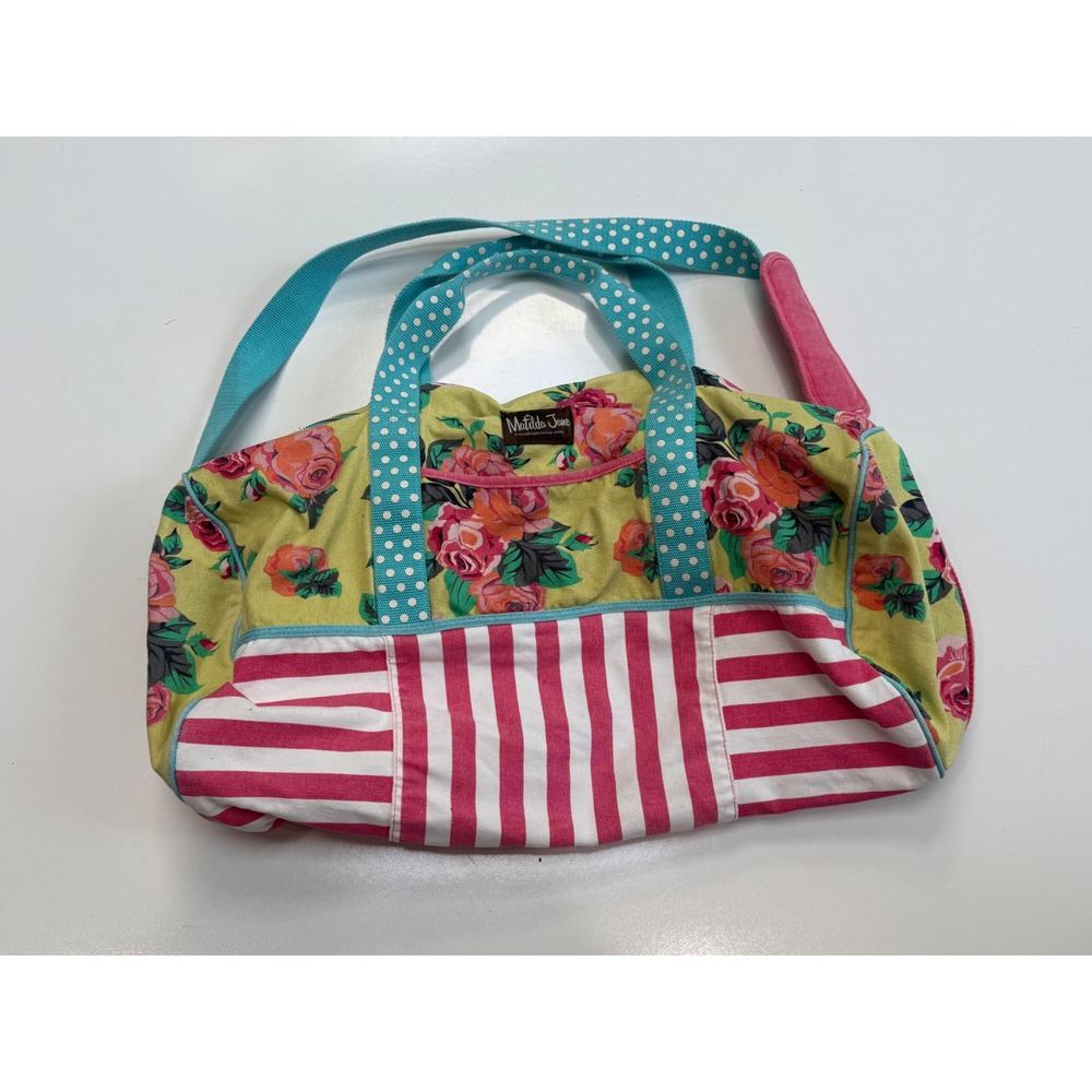 Matilda Jane Floral Stripe Duffel Bag Teal Polka Dot Weekend Travel Bag Yellow